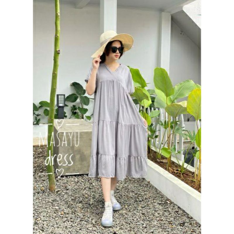 Midi Dress Polos Wanita Dewasa Lengan Pendek Model Kanzia Kimono Bahan Rayon