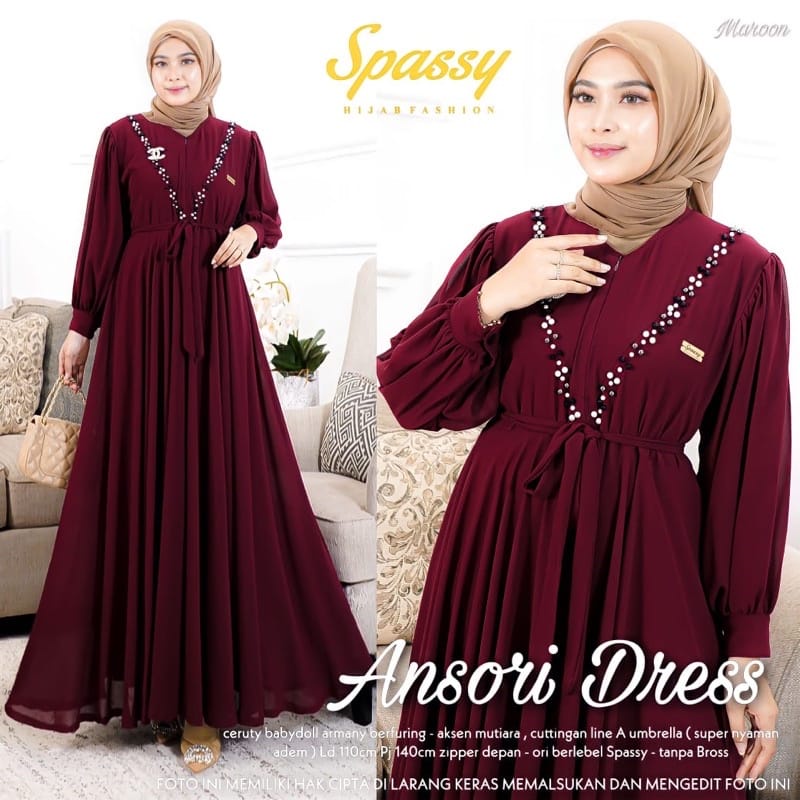 Ansori Dress Kondangan Sage Gamis Wanita Kekinian Busui Friendly Gaun Pesta Muslimah Ceruty Babydoll Aksen Mutiara Baju Wanita Jumbo