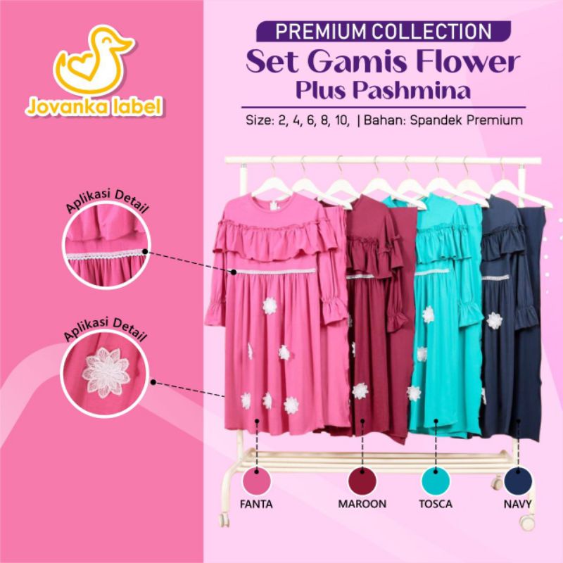 GAMIS SET GAMIS BUNGA + PASHMINA JOVANKA LABEL SIZE 2/4/6/8/10 TAHUN / GAMIS RUFFLE JOVANKA LABEL ID