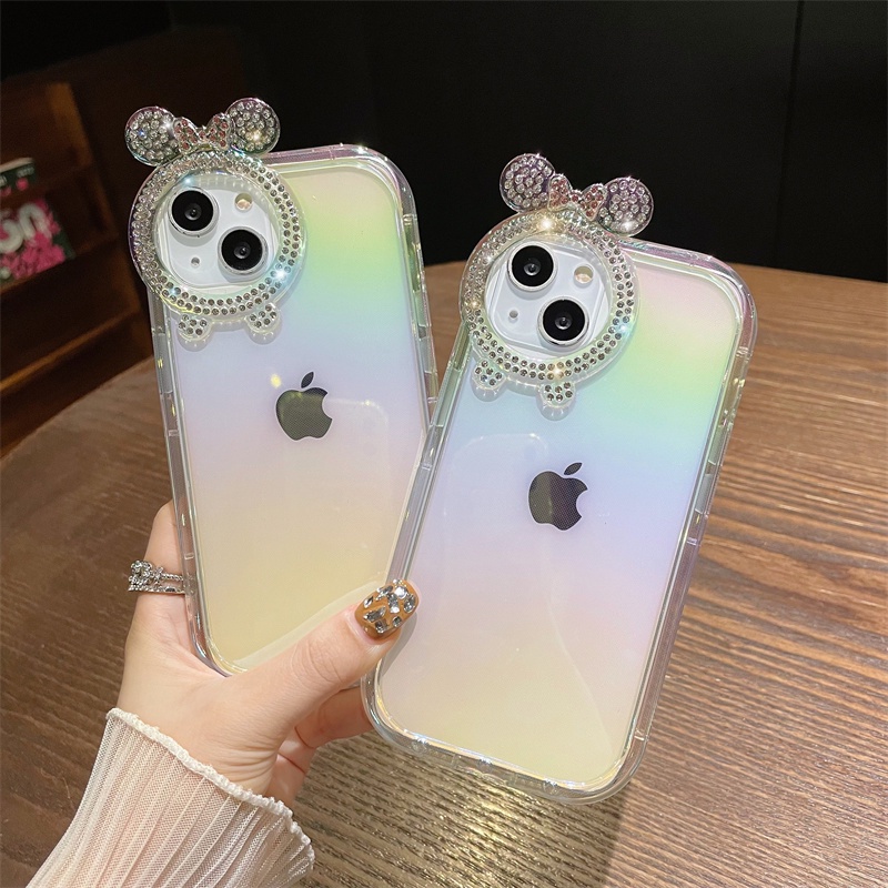 Casing Ponsel Bunga Berlian Mickey Kartun Lucu Untuk IPhone 14 Pro Max13 12 11 X XS Max XR Fashion Grid Transparan Lembut Shockproof Cover