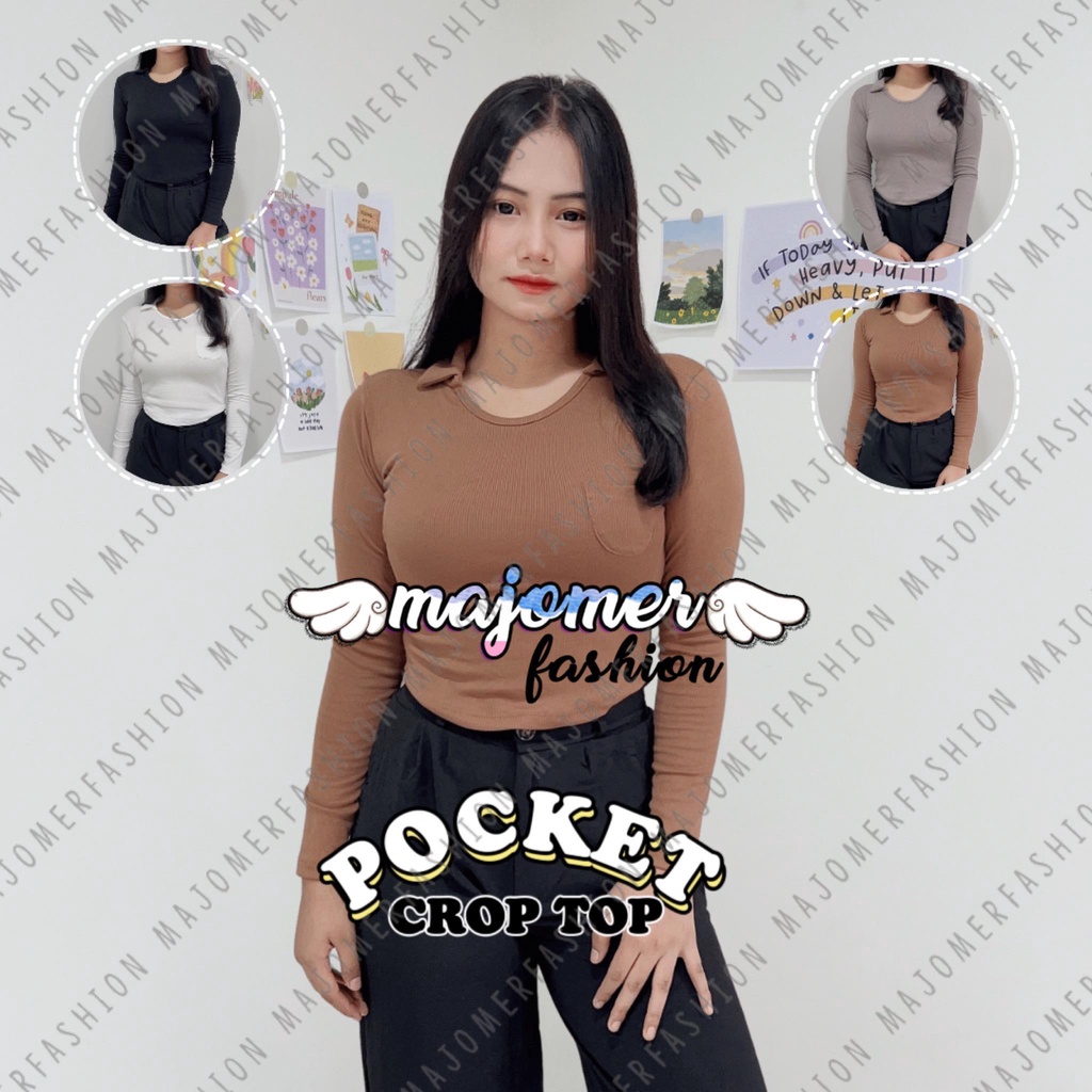 MAJOMER ® | POCKET LONGSLEEVE CROP TOP - KAOS RIB WANITA - ATASAN WANITA