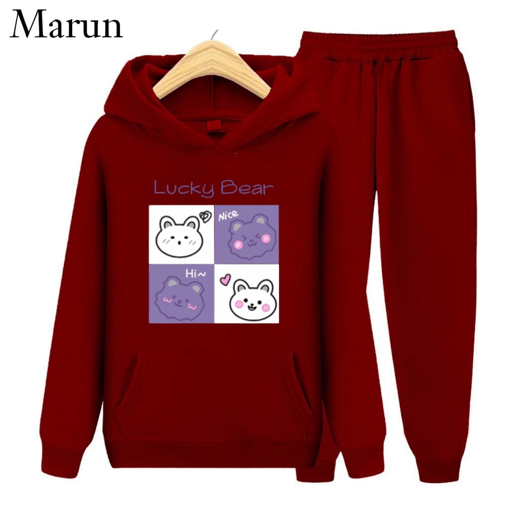 Hzl_outfit SETELAN HOODIE SWEATER LUCKY BEAR ANAK S.M.XL