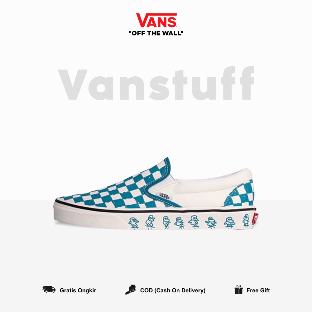 Vans Slip On Clasic Kakao N Friends Checkerboard Blue Couple Pria dan Wanita Original 100% BNIB Global Market Authentic Guarated Catur Ori