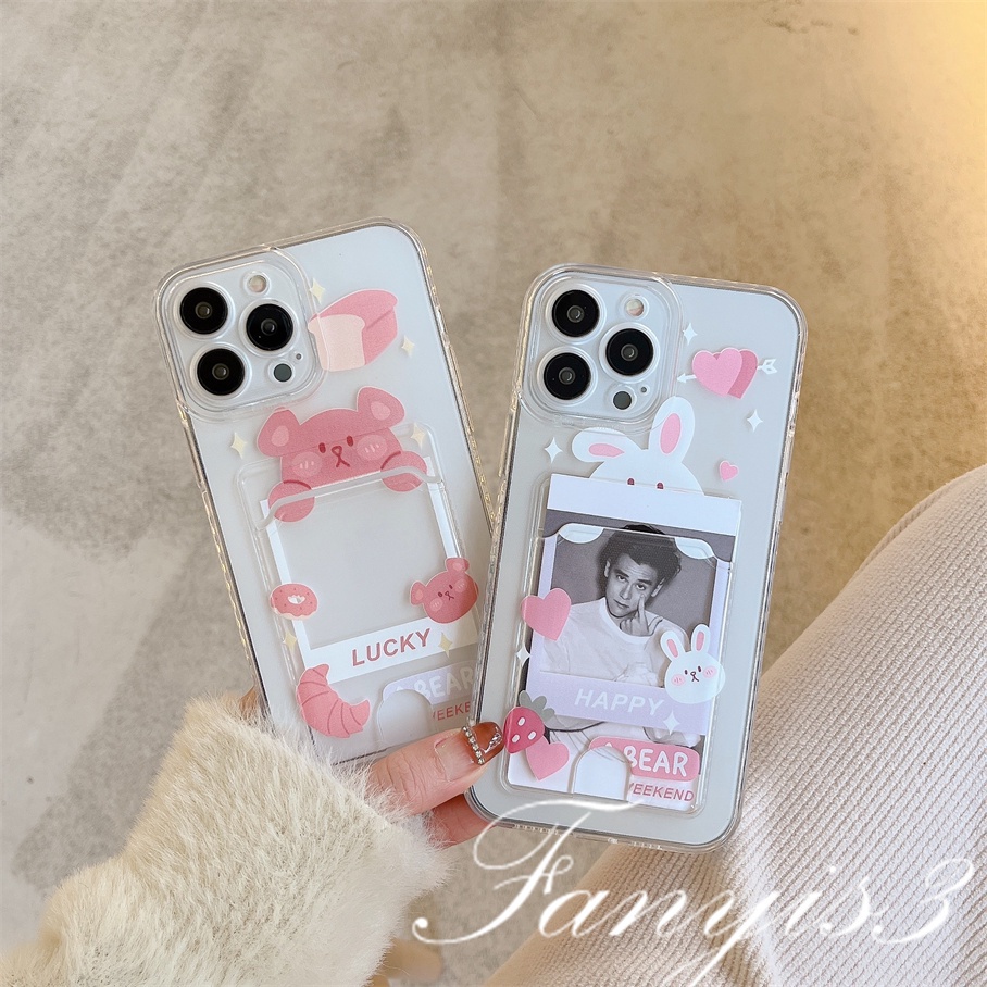 Compatible For IPhone 14 13 12 11 Pro Max X XR Xs Max 8 7 Plus SE 2020 Kompatibel Untuk Cute Babbit Bear Card Holder Phone Case Clear TPU Soft Cover Pelindung