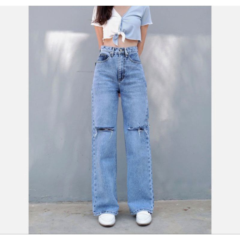Celana Panjang Highwaist Kulot Jeans Wanita Loose Kulot Sobek Lutut Terbaru