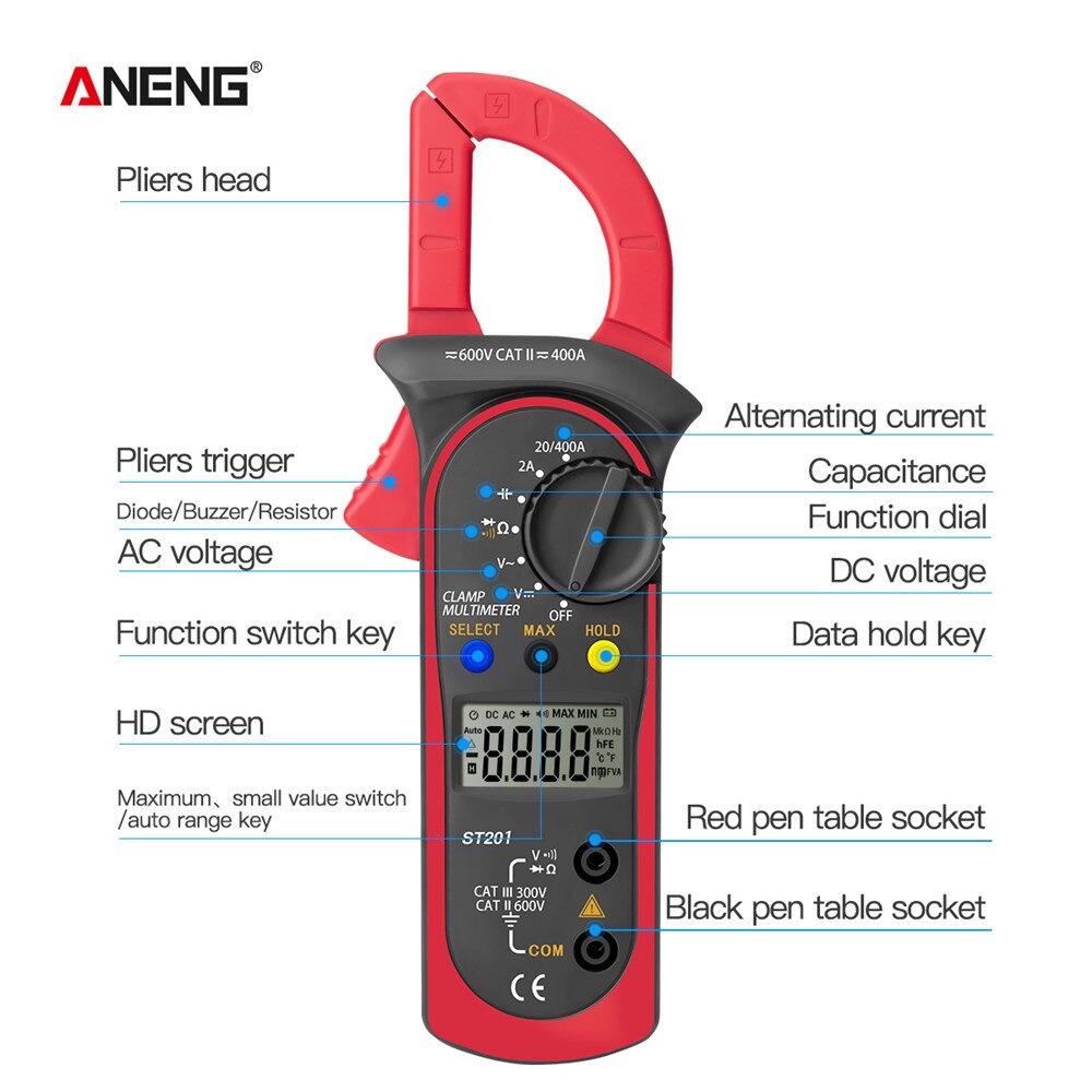 Taffware ANENG Digital Multimeter Voltage Tester Clamp - ST201 - Red
