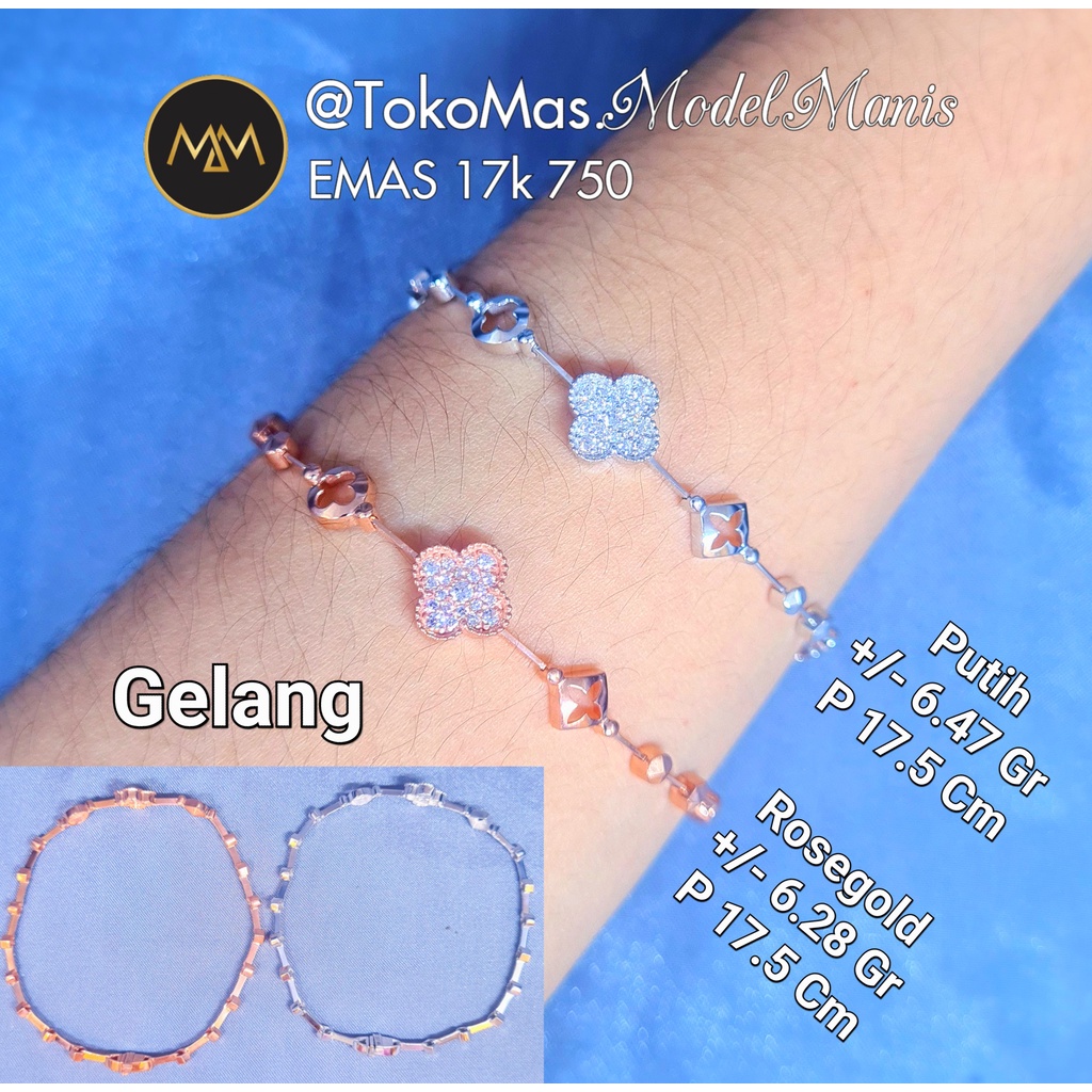 Gelang flat solid clover vl emas putih rosegold 750 kadar 17k