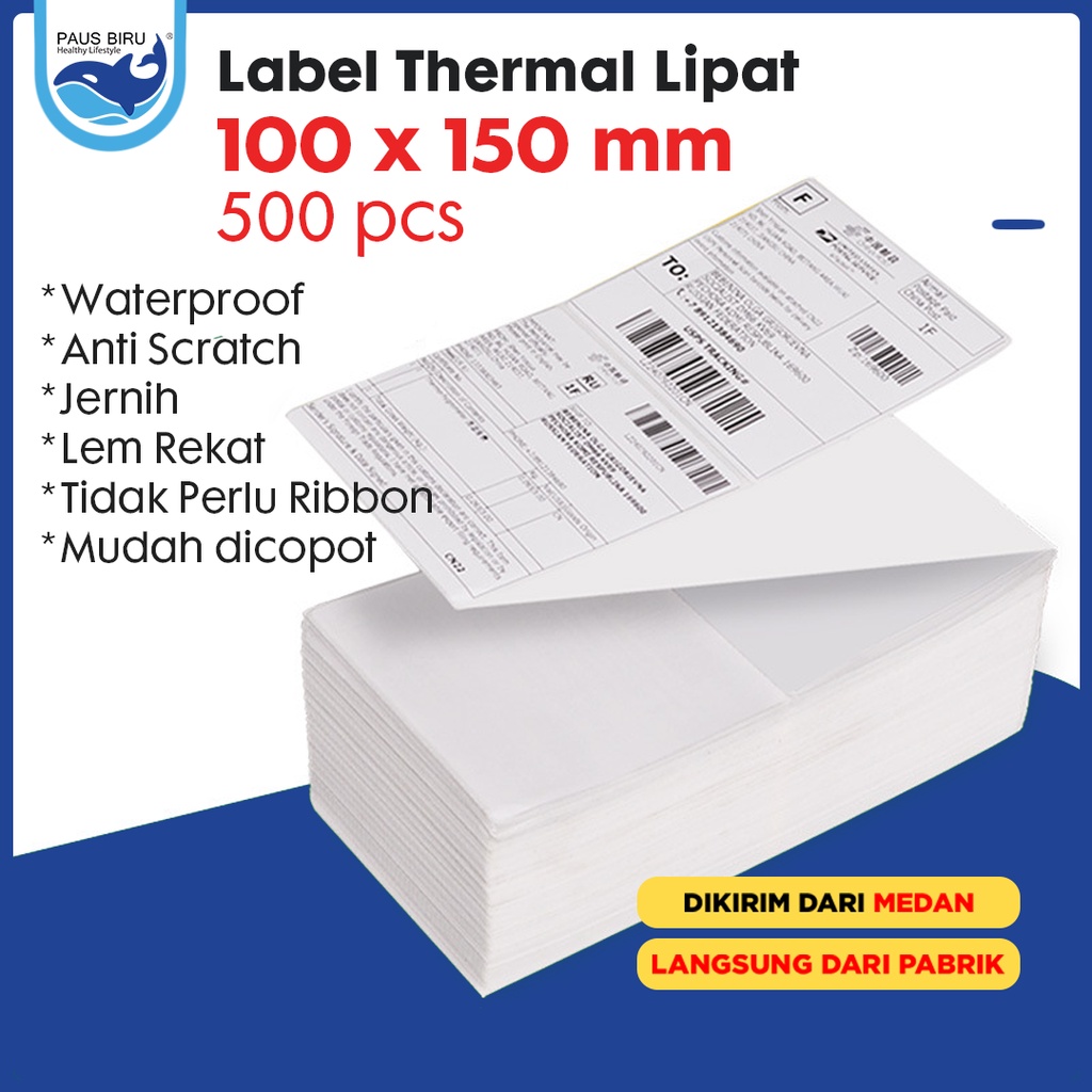 

Paus Biru - Label Barcode Lipat Thermal 100x150mm 1 Line 500pcs/Roll kertas sticker thermal