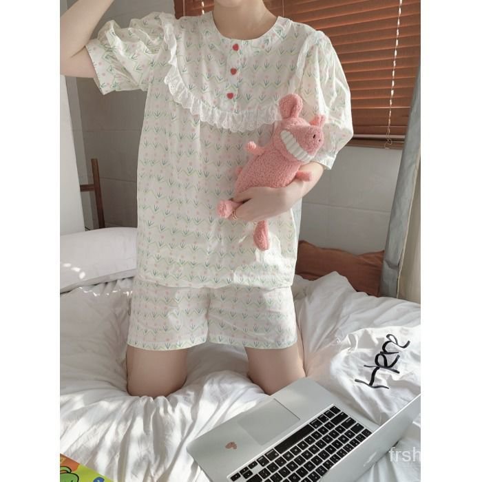 Boneka leher piyama manis wanita musim panas 2022 renda renda renda bunga Prancis baru memakai setel