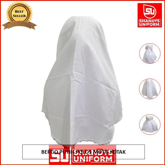 KERUDUNG BERGO ANAK SEKOLAH UKURAN S M L XL WARNA PUTIH MOTIF KOTAK