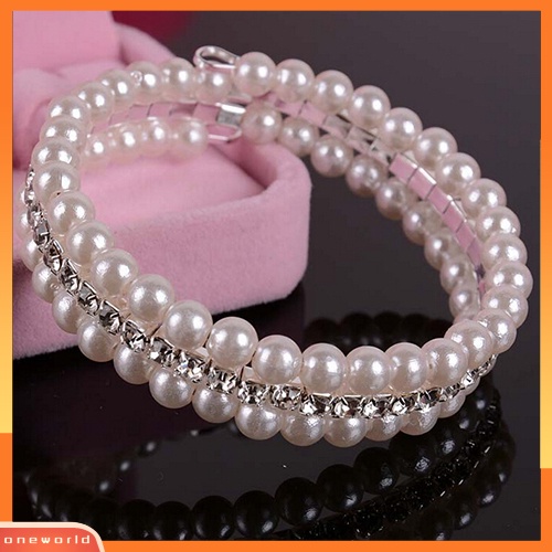 {oneworld} Fashion Wanita Elegan Putih Mutiara Imitasi Berlian Imitasi Peregangan Bangle Gelang