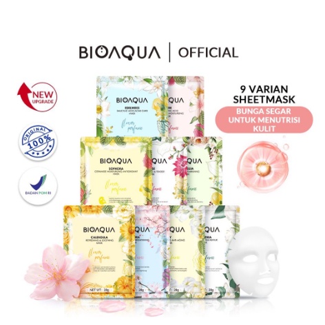 BIOAQUA Sheet Mask Masker Wajah Flowers Series | Hydrating Essence Face Mask Brightening dan Anti Acne (28g/pcs)