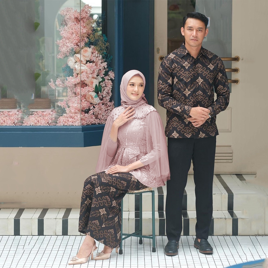 KEBAYA MODERN - Batik Couple Kebaya Modern Ziva Kebaya Wisuda Kebaya Couple Lamaran Kebaya Tunangan Modern Kekinian Brokat Tulle Mutiara Premium Allsize Kemeja Pria Lengan Panjang Size M,L,XL