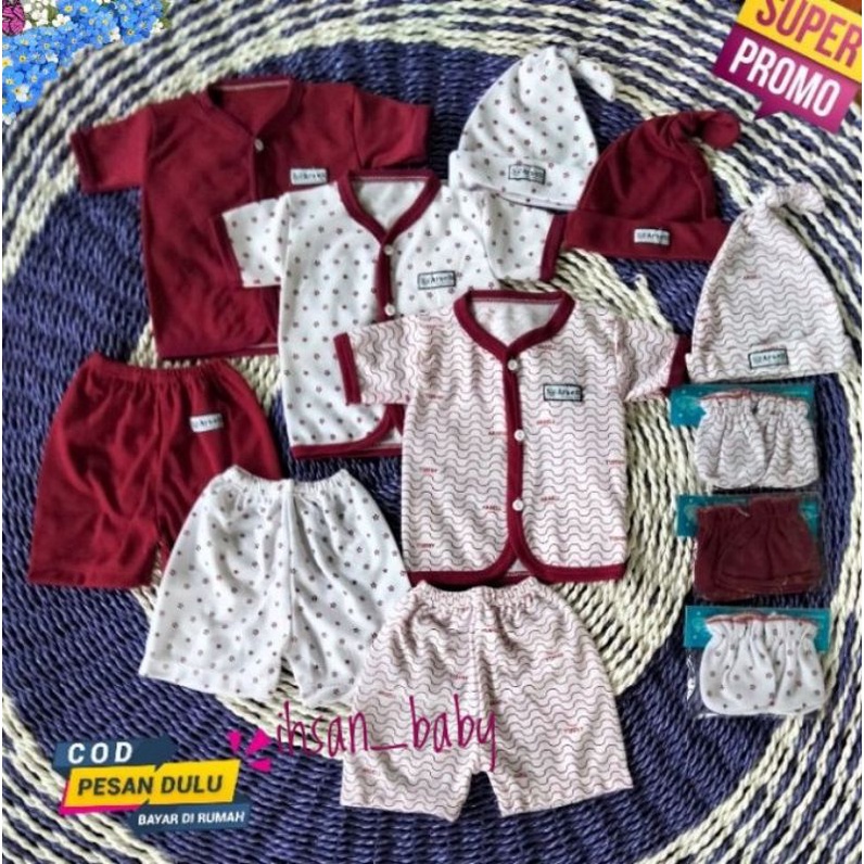 set baju/celana bayi newborn pendek+topi+sartaki seri maron,coksu,kubus