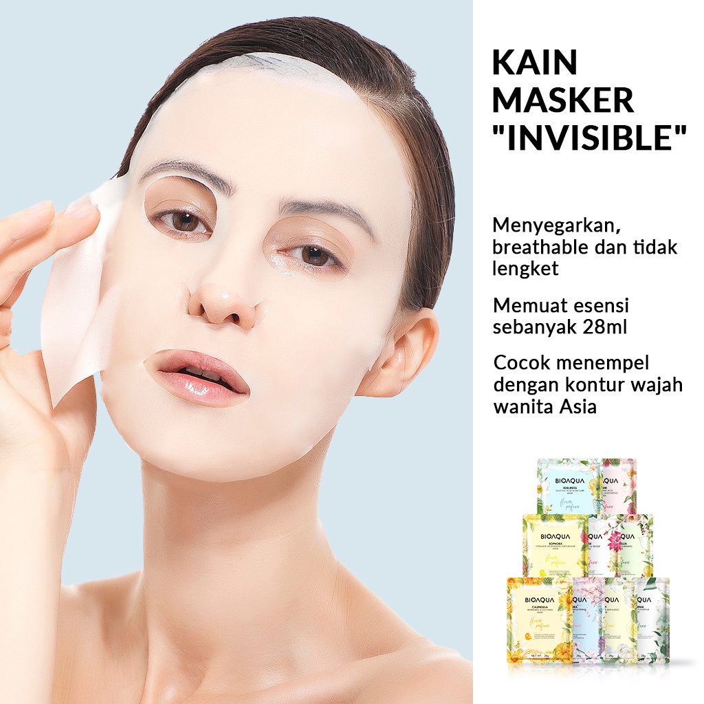 BIOAQUA Mask Indonesia / Masker Wajah 28g / Flowers Series Sheet Hours Parfume Bunga / Sakura Edelweiss Camellia Rose Sophora Gardenia Lily Plum Calendula / Mencerahkan Melembabkan / Skincare Face Facial Care Treatment Perawatan Kulit Muka Bio Aqua Series