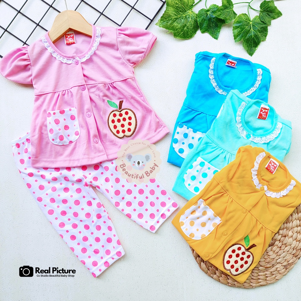 Baby.ou - Setelan Baju Bayi Lengan Pendek Celana Panjang Motif Bordir Apel / Setelan Piyama Bayi Perempuan 3-12 Bulan / Baju Bayi Perempuan Yeiko