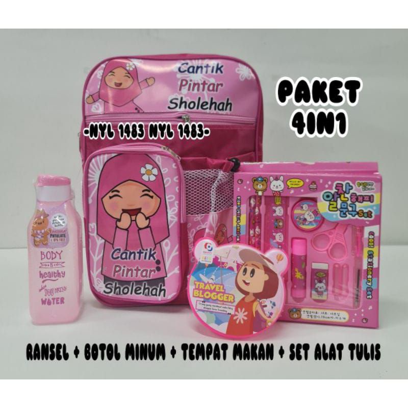 Tas Ransel Anak Perempuan karakter 4in1 - tas + paket pinsil + lunch box - botol minum