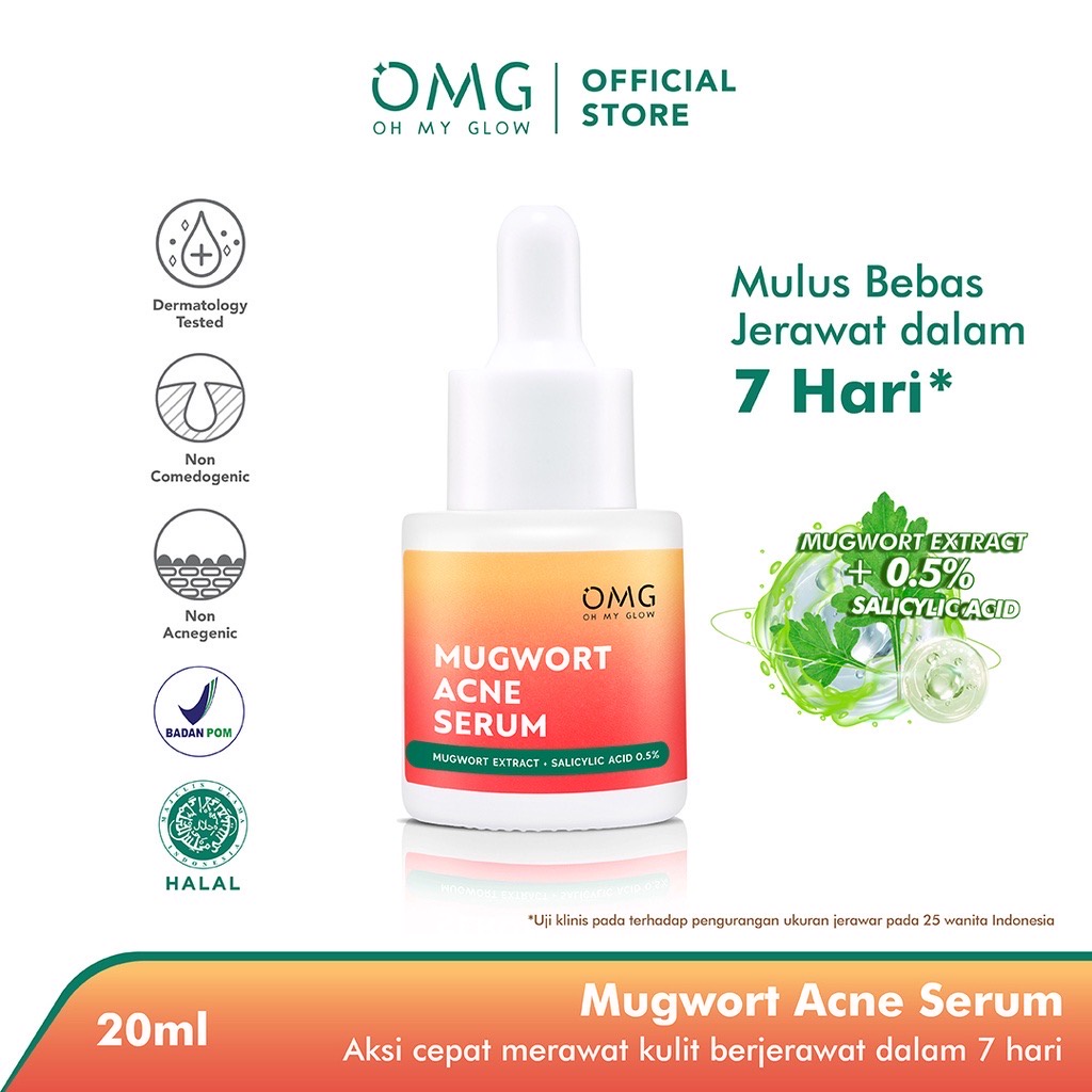 OMG Oh My Glow Mugwort Acne Serum Indonesia / Serum Wajah 20ml / Mugwort Extract + Salicylic Acid 0.5% / Anti Acne Aksi Cepat Merawat Kulit Berjerawat Dalam 7 Hari Jerawat / Skincare Facial Care Muka Series Glow Kit Face Wash Toner Cream / Peach Glowing