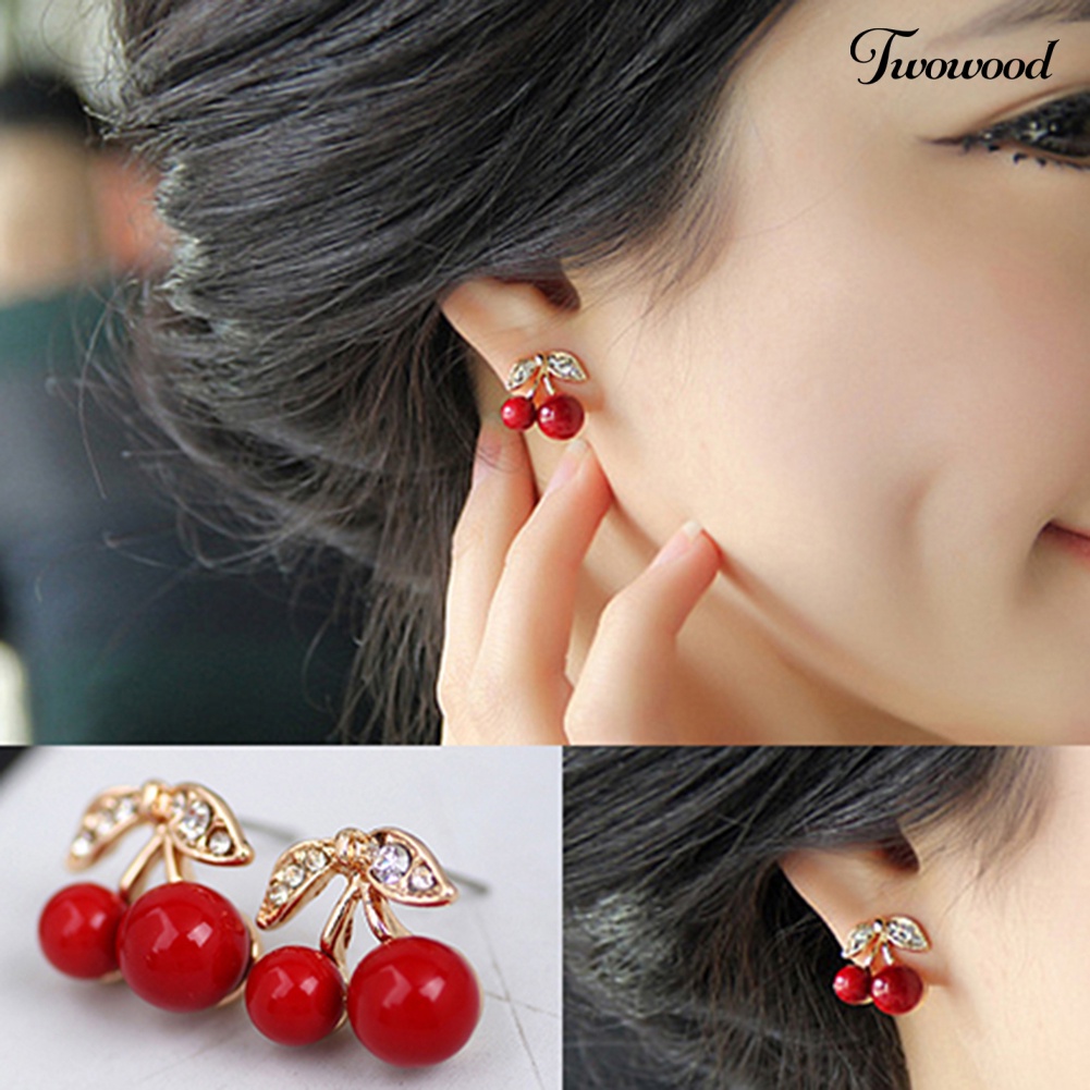 Duakayu Wanita Merah Cherry Bening Berlian Imitasi Telinga Studs Beads Golden Alloy Leaves Earrings