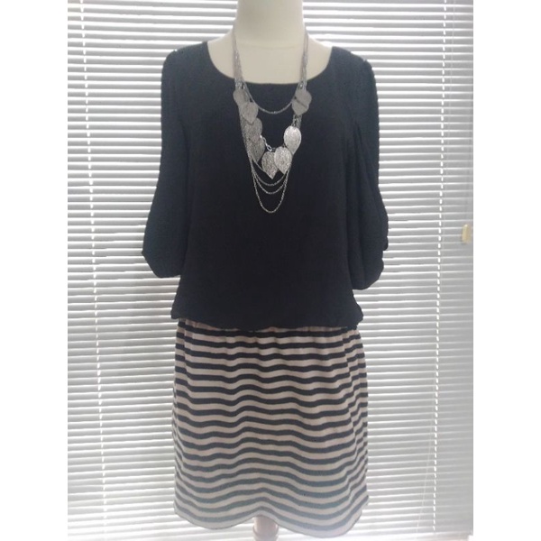 Dress Hitam Tangan Balon Salur Rope Picnic Size 38*(Preloved)