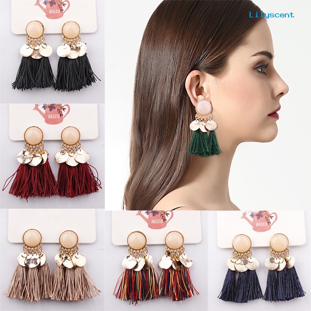 [LS] 1pasang Wanita Bohemian Jumbai Sequin Ear Stud Menjuntai Anting Perhiasan Perjamuan