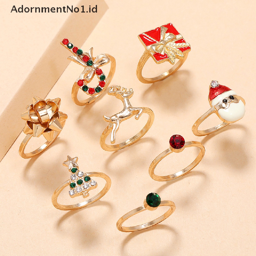 [AdornmentNo1] 8pcs/set Cincin Natal Untuk Wanita Kristal Pohon Natal Tongkat Santa Claus Cincin set Selamat Tahun Baru Pesta Perhiasan Hadiah Perempuan [ID]