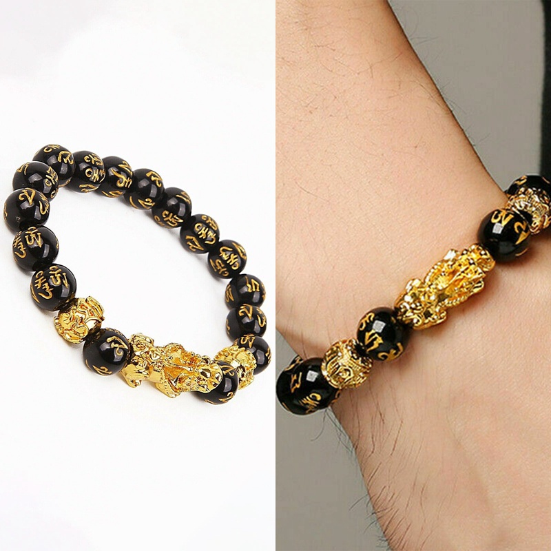 Pria Wanita Feng Shui Gelang Keberuntungan Kekayaan Buddha Obsidian Batu Manik-Manik Gelang Emas Pesona Pixiu Gelang Hadiah