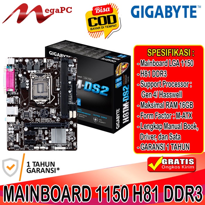 Mobo Motherboard Mainboard Intel LGA 1150 H81 DDR3 Gigabyte Garansi 1 Tahun