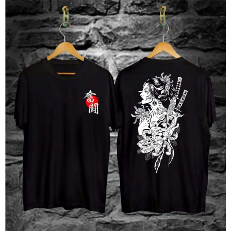 Kaos Distro Geisha Samurai Unisex Keren - Tshirt Model Naga Putih Pria Wanita - Baju Desain Kanji Co