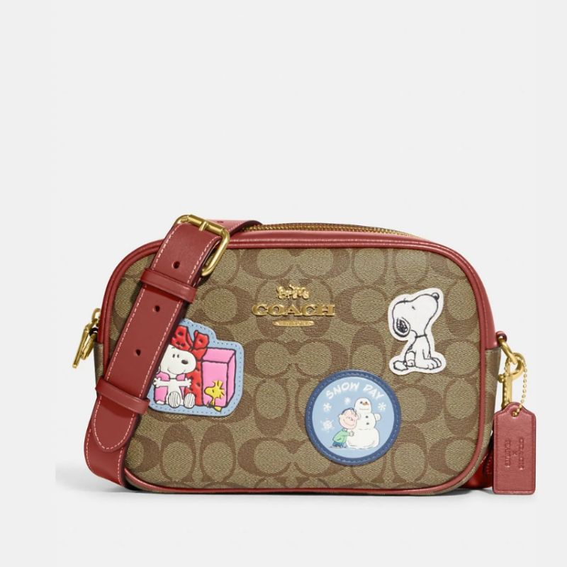 Tas Coach Jammie Camera Bag Snoopy Patches Signature Khaki Redwood Multi Original