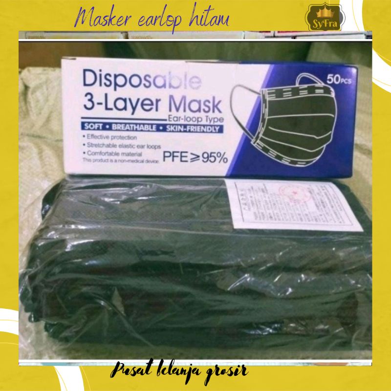 Masker Earloop hitam 3ply isi 50pcs Box murah