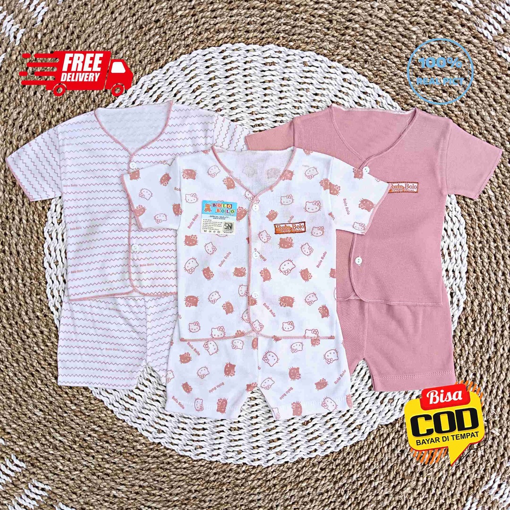 SALE 7.7 Serian Dusty - 3 Stel Setelan Baju Bayi Tangan Pendek Celana Pendek Bayi 0 sd 3 Bulan PINK DUSTY SERIES merk SNI Bolo - Bolo