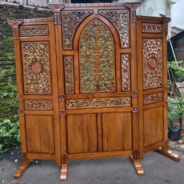 Penyekat ruangan 185x200 cm pembatas sketsel sekat masjid ruang tamu mushola kayu jati solid grade A
