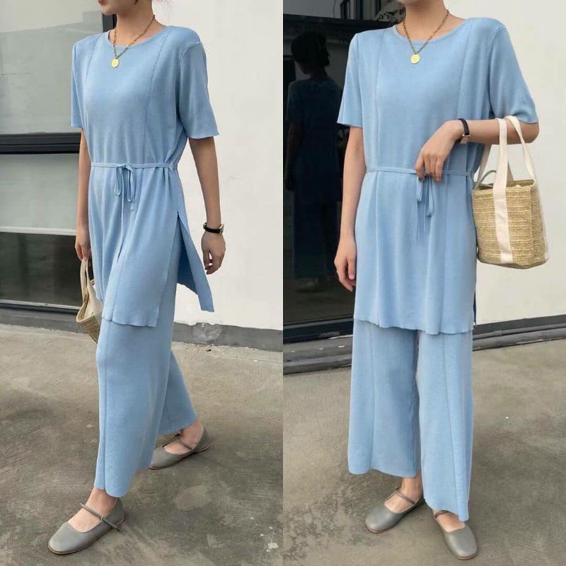 [ YF ] Kylie Slit Long Blouse & Pants Knit Set