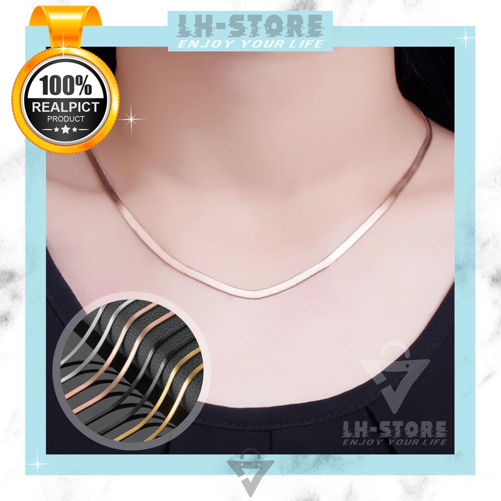 Kalung titanium rosegold silver black gold model gepeng pria dan wanita anti karat dan tidak luntur