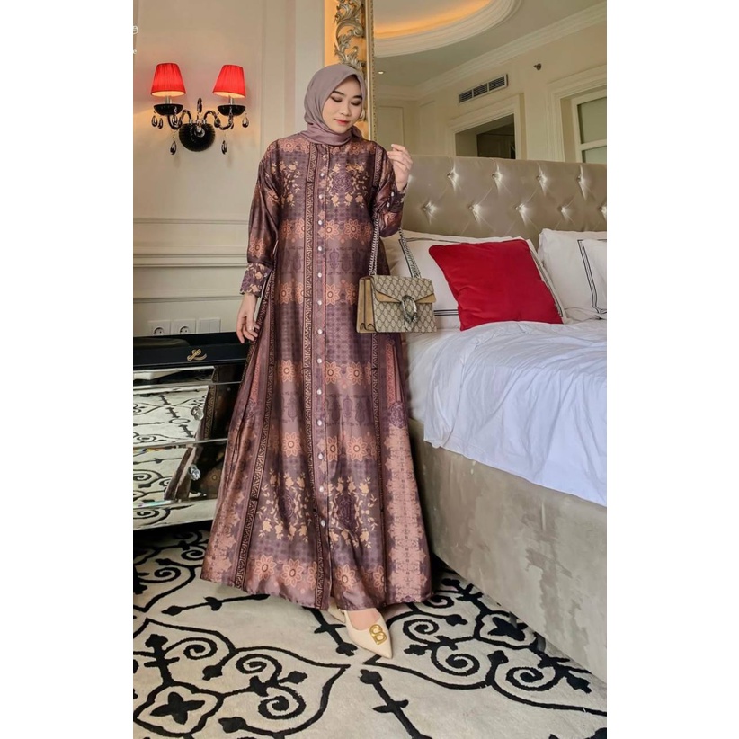 Teressa Dress Wanita Armani Silk Premium Gamis Terbaru Lengan Panjang Gaun Ethnik Baju Muslim Kekinian LD 110 cm