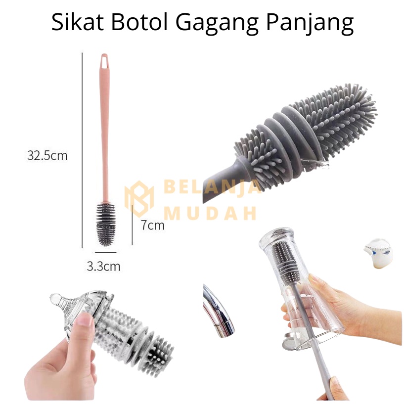 Sikat Cuci Botol Silikon Gagang Panjang Brush Pembersih Gelas Cangkir