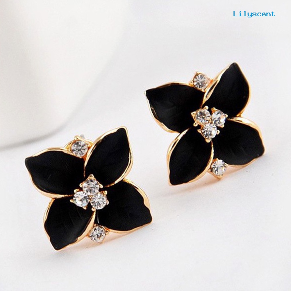 [LS] Wanita Berlian Imitasi Bertatahkan Enamel Clover Shape Stud Earrings Hadiah Perhiasan Pesta