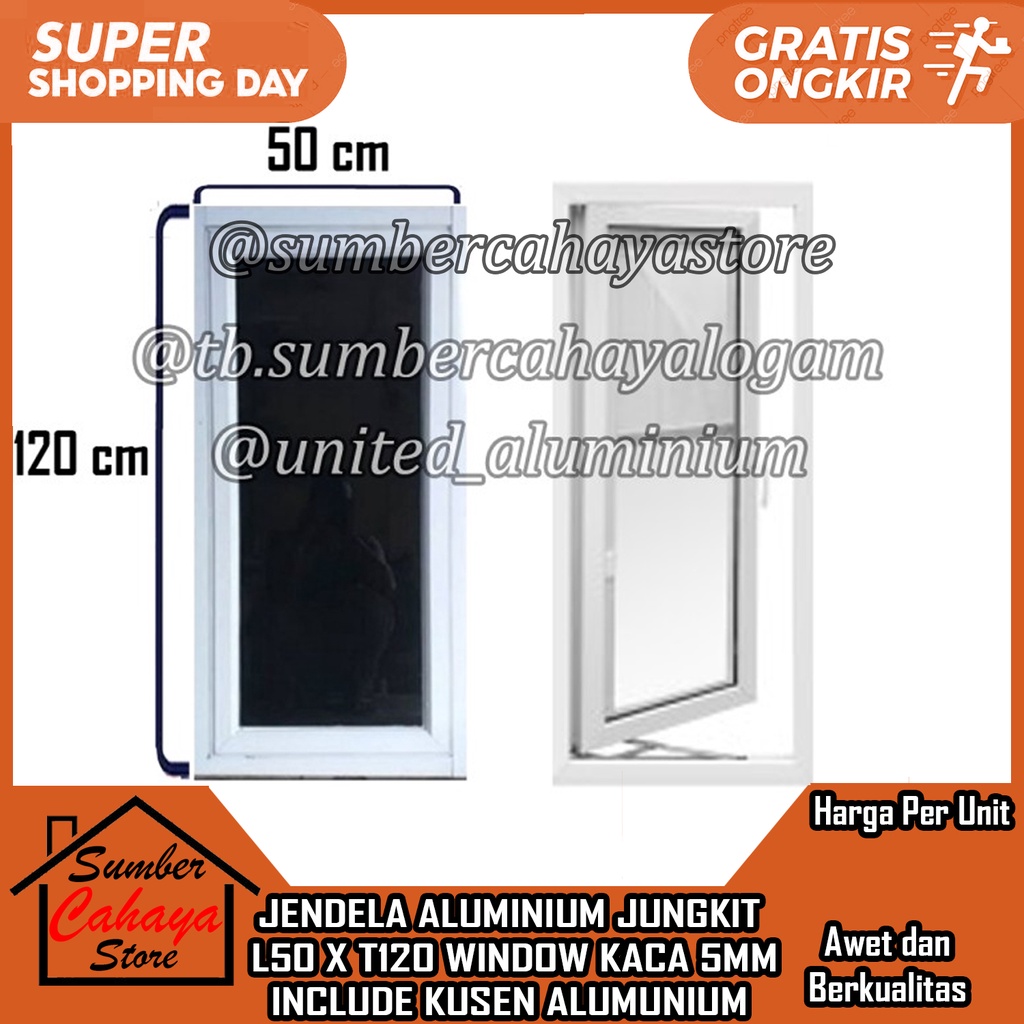 JENDELA ALUMINIUM L50 X T120 50X120 50 X 120 JUNGKIT SINGLE SWING ALUMUNIUM ALMINIUM ALMUNIUM KACA 5