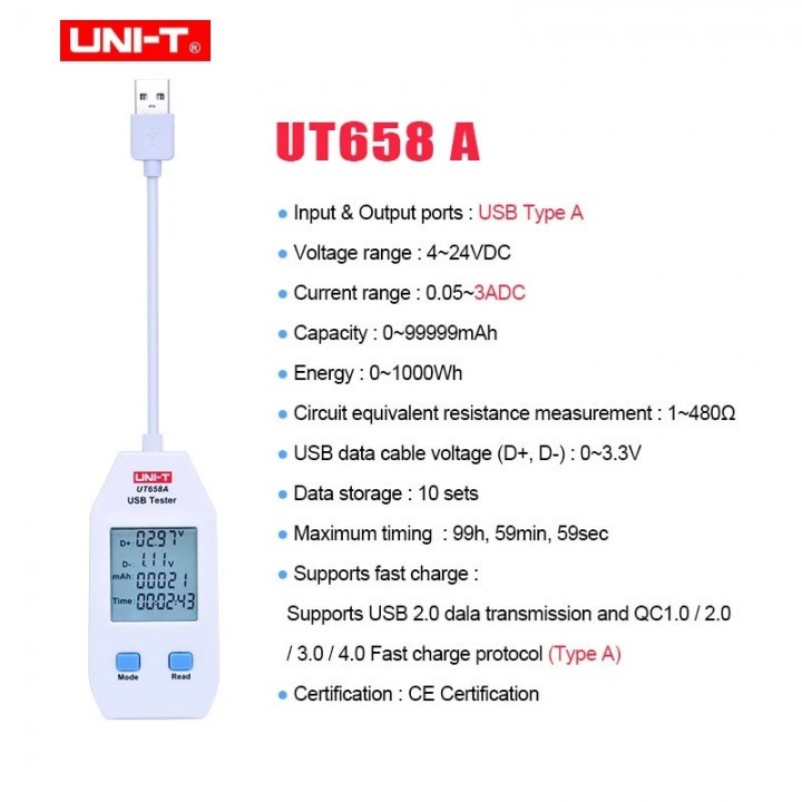 9 UNI-T UT658A - Portable USB-A Voltmeter Power Meter Tester