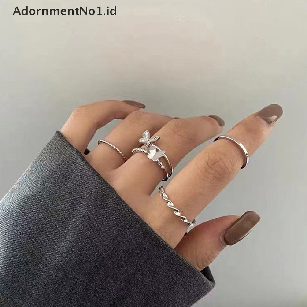 [AdornmentNo1] 3 Pcs/4 Pcs Hip Hop Punk Terbuka Dapat Disesuaikan Cincin Set Wanita Cincin Kupu-Kupu Logam Jari Cincin [ID]