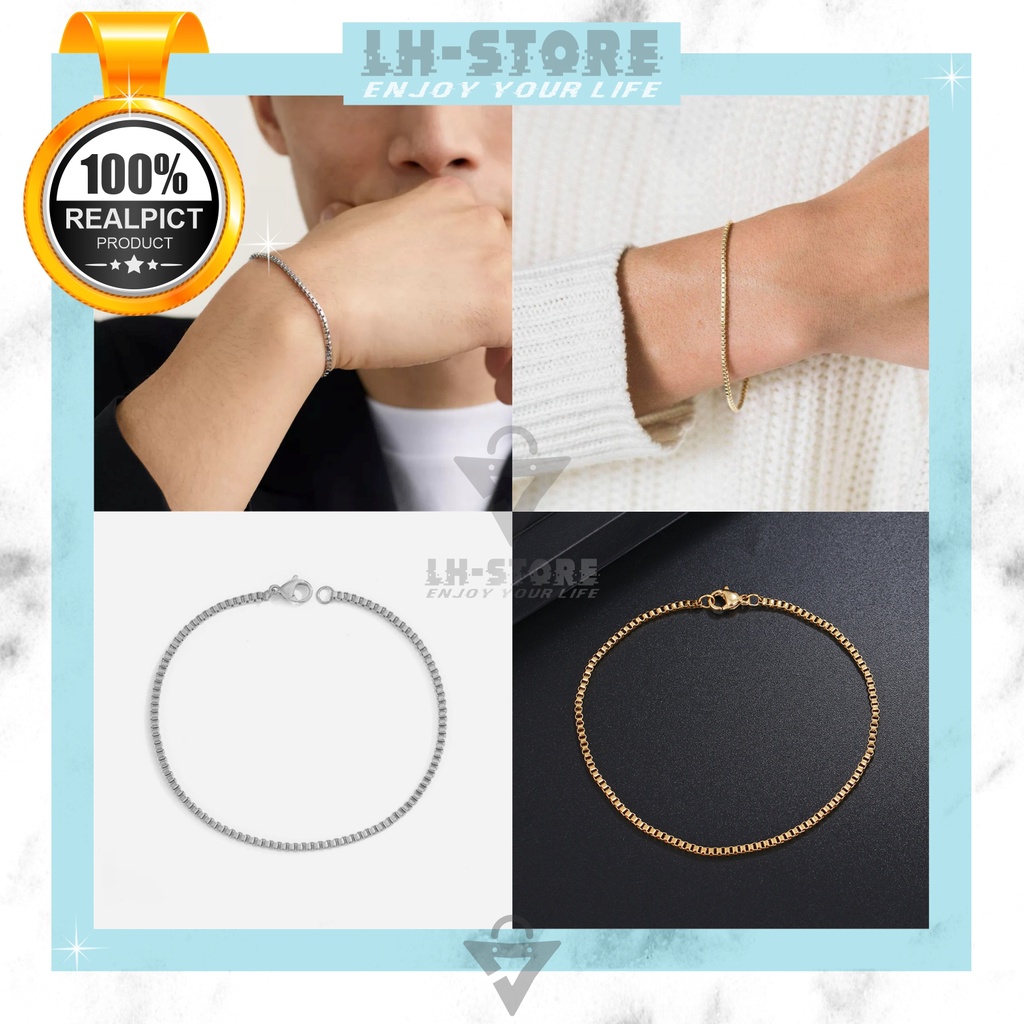 Gelang Tangan Pria Wanita Model Kotak Italy Warna Silver dan Gold Titanium Anti Karat Terbaru