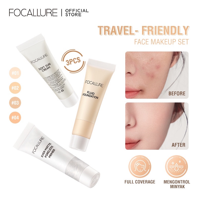 RAFEYLA - FOCALLURE 3pcs Face Beauty Set Include Foundation Sunscreen Sun Cream Primer Oil Control Travel Size Flawless Facial Makeup Kit Waterproof