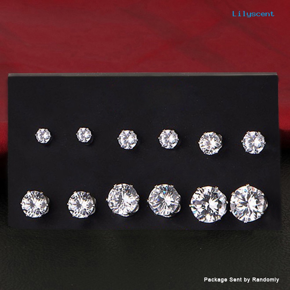 [LS] 6pasang Perhiasan Wanita Bulat Cubic Zirconia CZ Crown Ear Stud Earrings Hadiah Xmas