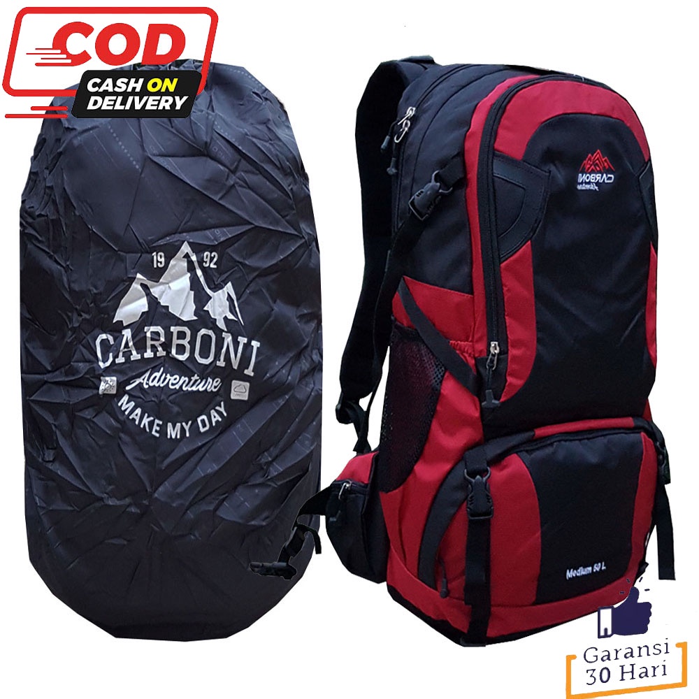 CARBONI 100% Original Tas gunung carier Tas Keril Tas Outdoor Tas Adventure Lightweight Waterproof Backpack Hiking 50 L Travel Backpacking Daypacks For Man and Women MA00084 - Red 50 L + Raincover Waterproop Original