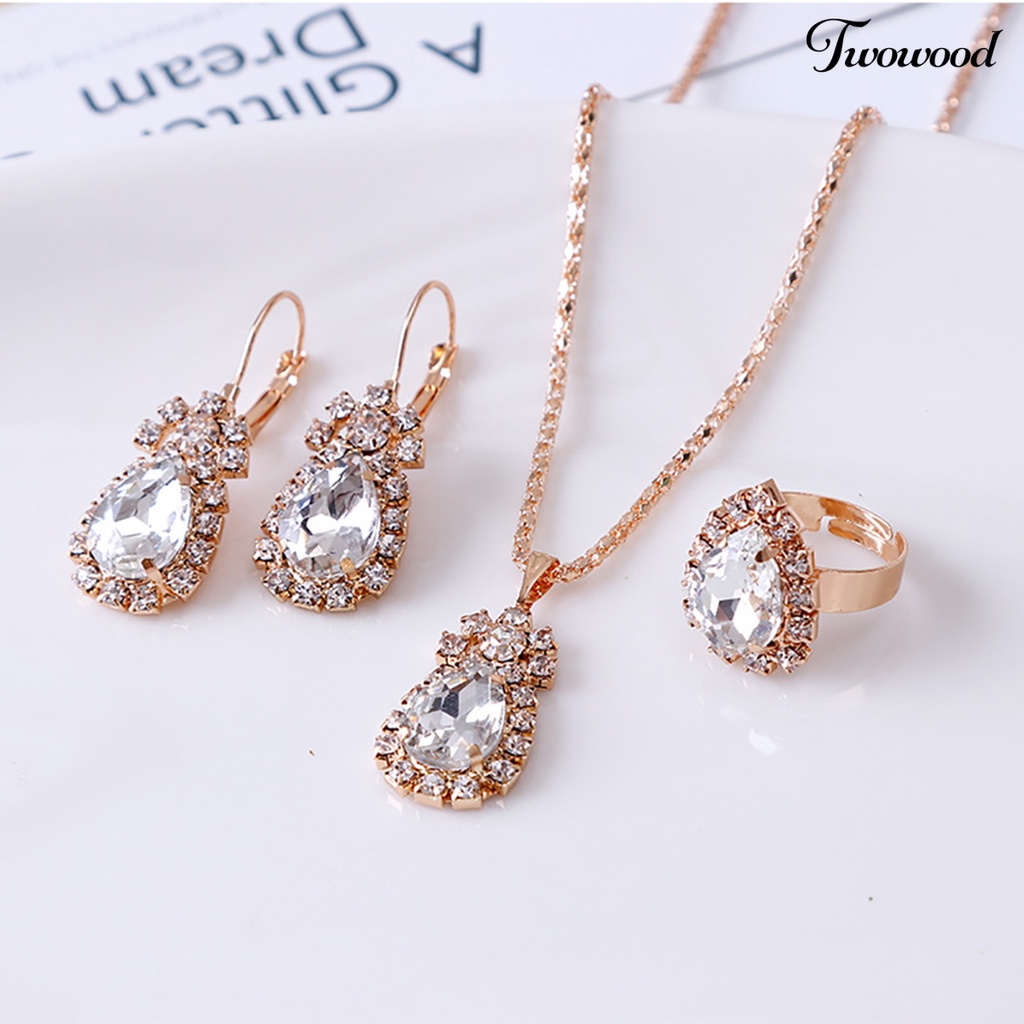 Twowood Set Perhiasan Eye-catching Mudah Senada Wanita Tetesan Air Berlian Imitasi Mengkilap Kalung Cincin Anting Untuk Pesta