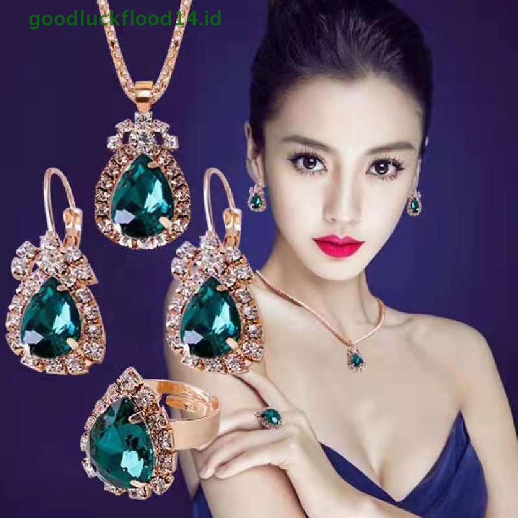 [GOOGFOUR] Fashion Eropa Amerika Perhiasan Liontin Anting Cincin Set Pengantin Dekorasi Hadiah Tetesan Air Berlian Kalung Anting Cincin Set [TOP]