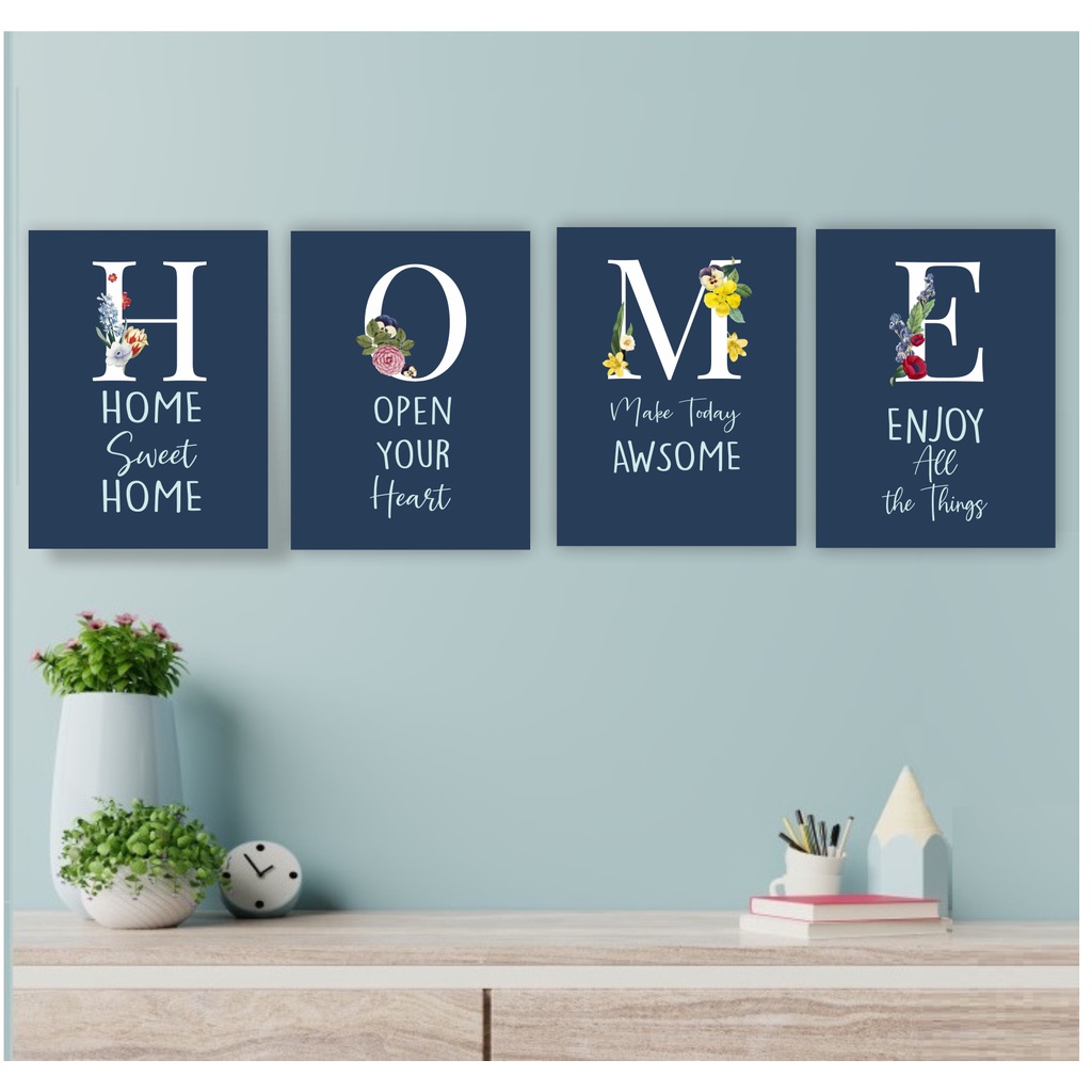 Frame Wall Decor Set Hiasan Dinding Paket Isi 4Pcs Aesthethic Minimalis Pajangan Rumah Dekorasi Poster Quotes Home Floral 3D Kayu Tebal  20 x 30 - 30 x 40