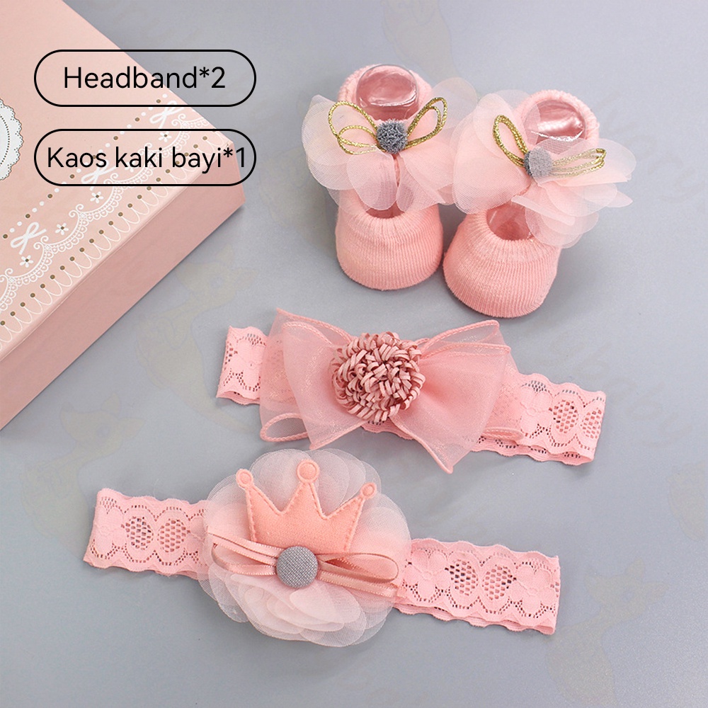 Ivorybaby 3in1 Kaos kaki bando bayi perempuan pita Kaus kaki bayi bandana bayi cewek lucu 0-1 thn