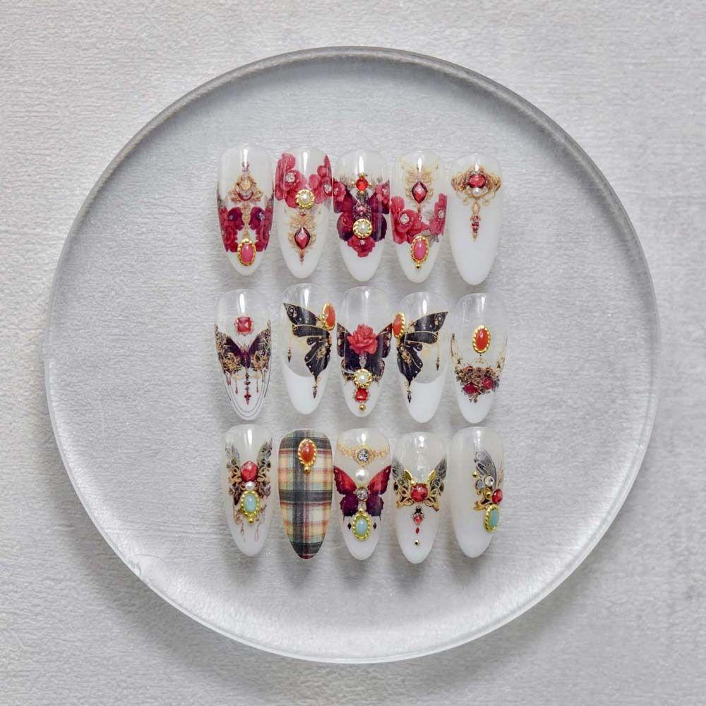 AUGUSTINA Agustina Butterfly Stiker Kuku Retro 3D Relief Kupu-Kupu Merah Self Adhesive Nail Art Dekorasi